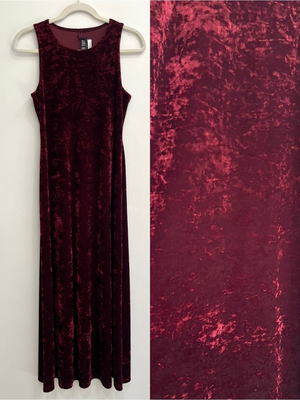 Vintage 90’s Y2K burgundy crushed velvet sleeveless maxi dress medium Whimsigoth
